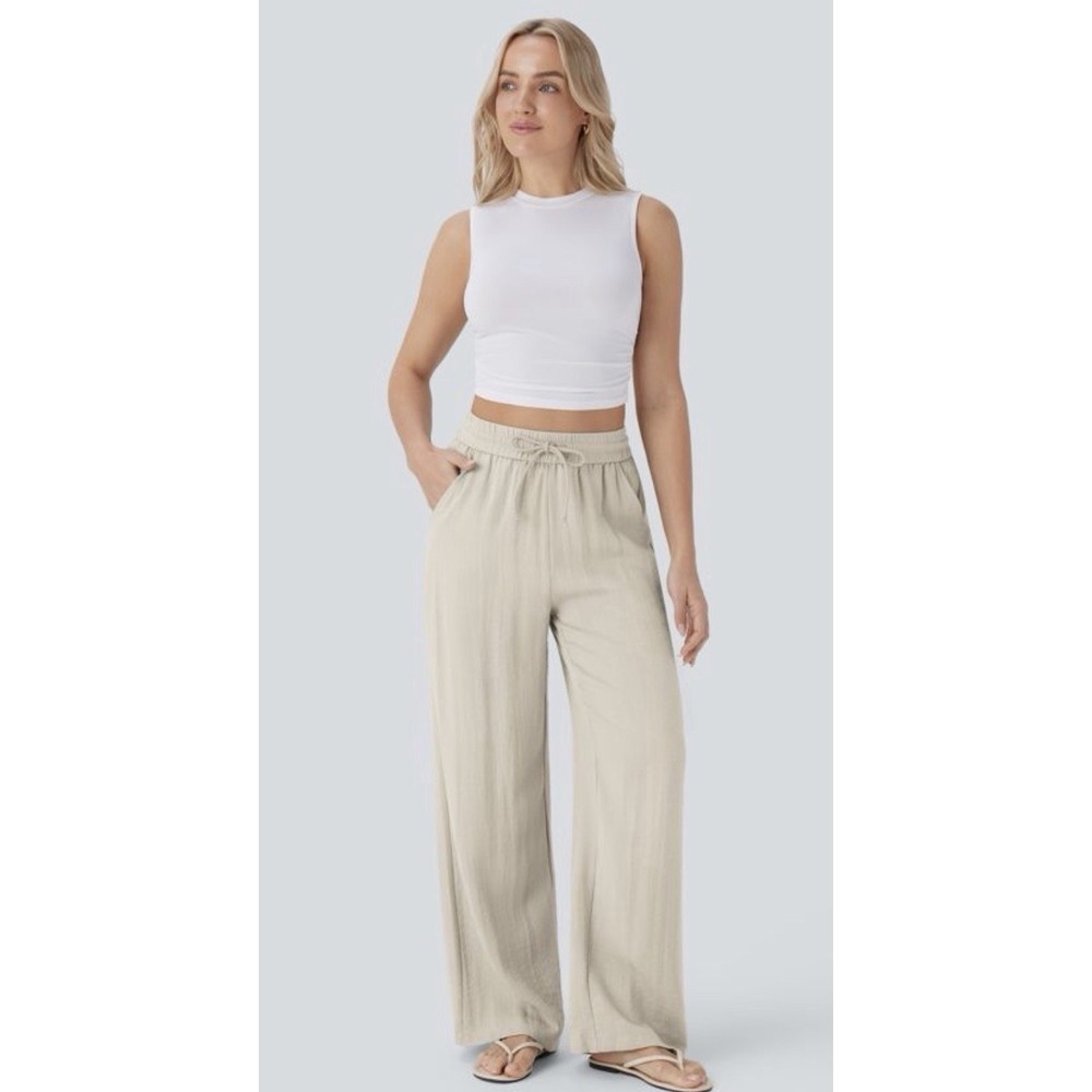 Halara Tan High Waisted Drawstring Pocket Wide Leg Casual Linen-Feel Pants Sz XS